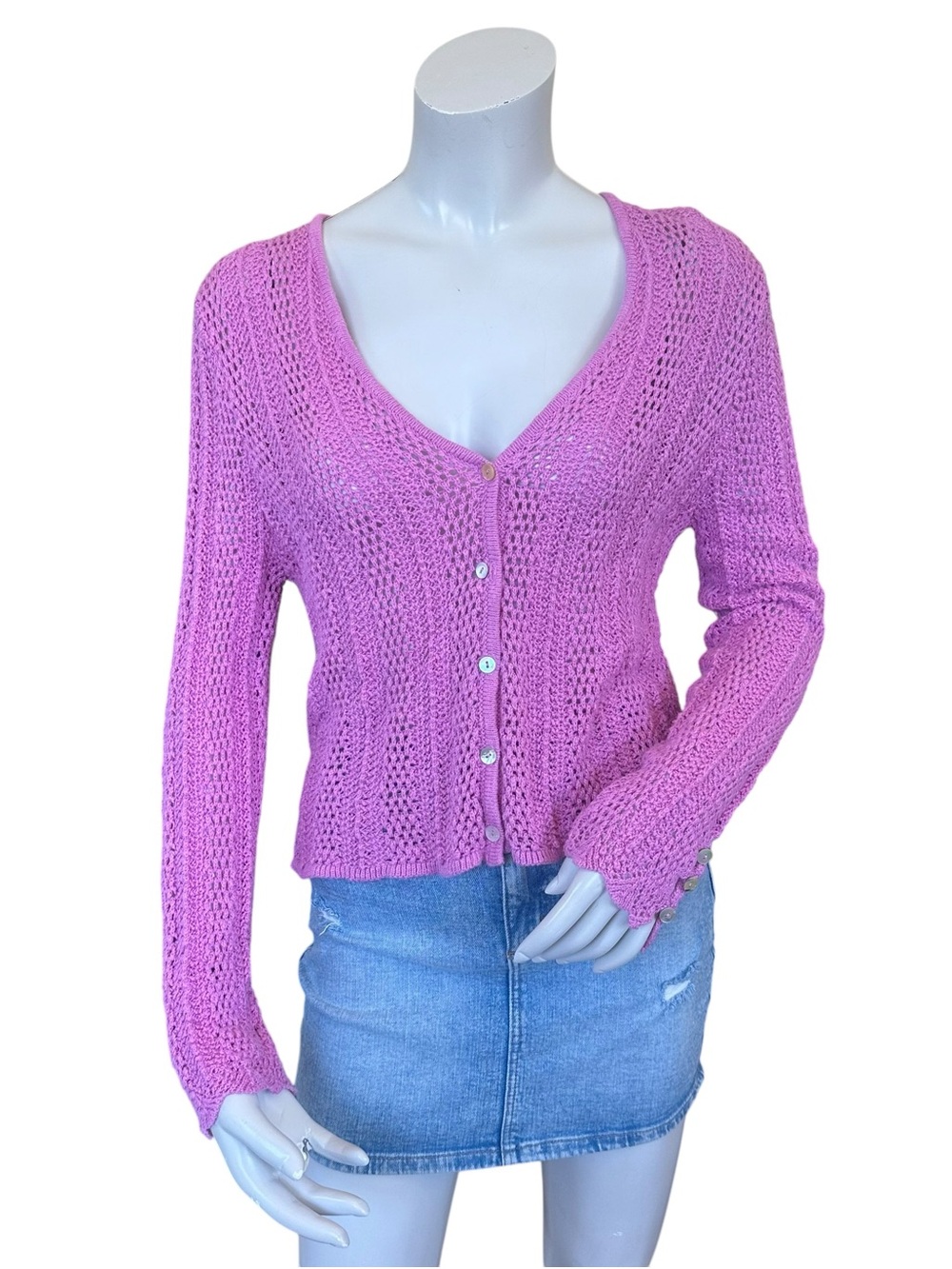 Sundance Purple-ish Pink Knit Crochet Button Down Cotton Cardigan Petite Medium